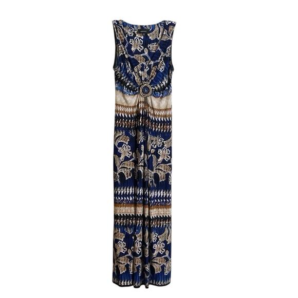 R&M Richards Southwestern Maxi Dress Blue Tan Size 6 A-Line Stretch Travel Soft - Picture 11 of 12